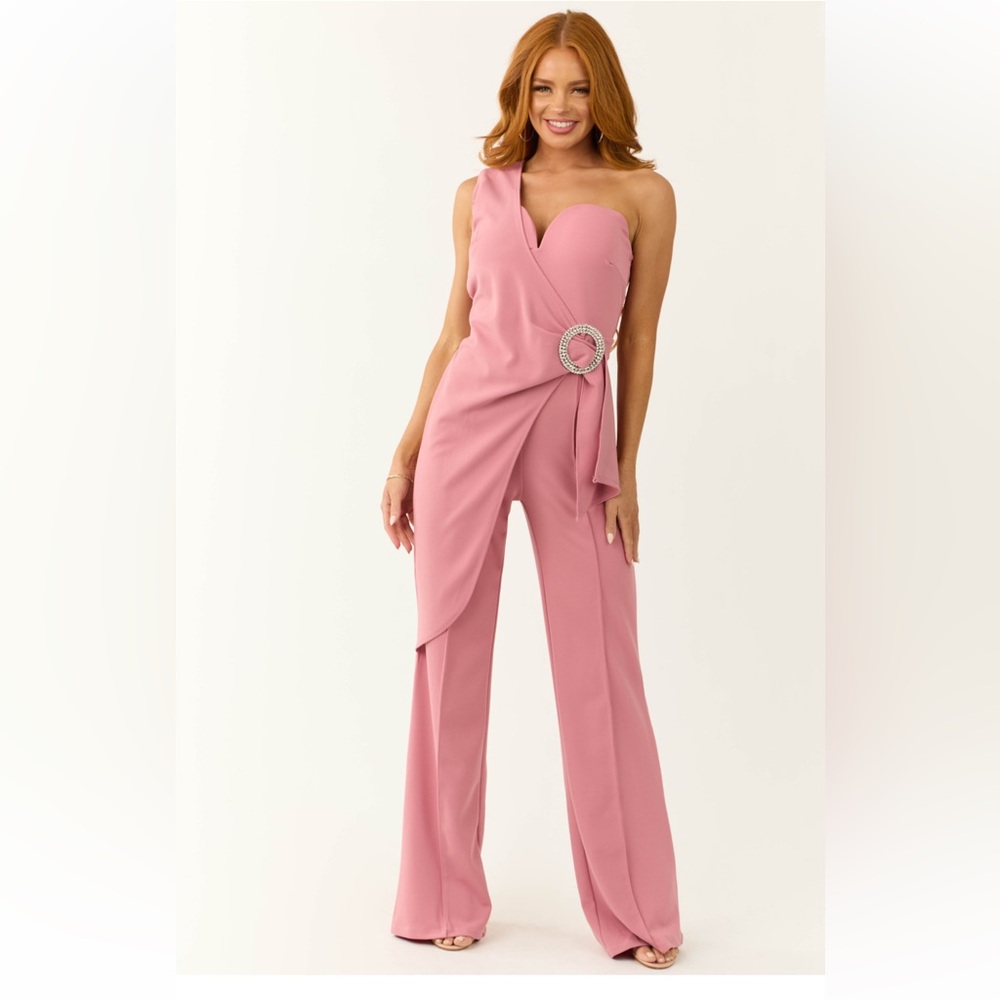 VALENTINE Pink One-Shoulder Wide Leg Rhinestone Jumpsuit PANTSUIT medium